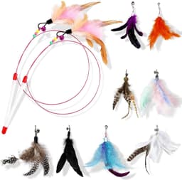 10 Stuks Interactief Kattenspeelgoed met Veren, Meerkleurig Speelgoed voor Katten 90 cm, Flexibele Kattenhengelset met 2 Hengels en 8 Hangers met Veren met Belletjes voor Katten — thumbnail 1
