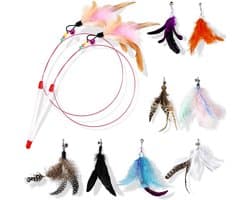 10 Stuks Interactief Kattenspeelgoed met Veren, Meerkleurig Speelgoed voor Katten 90 cm, Flexibele Kattenhengelset met 2 Hengels en 8 Hangers met Veren met Belletjes voor Katten
