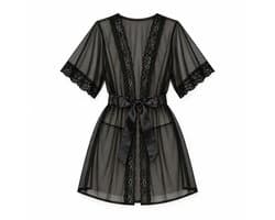 WiseGoods Lingerie Erotisch Nachthemd Dames - Transparante Kanten Kimono met Strikceintuur - Sexy Badjas voor Vrouwen - Zwart M/L, 83 cm