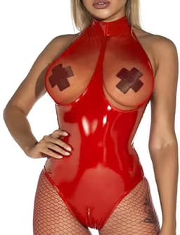 Lingerie Bodysuit - Latex look - Rits voor Open Kruis - PU leer - Dames - Rood — thumbnail 1