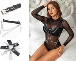 Zwarte ketting BH - PU - verstelbaar - chain bra - borstharnas - body chain - borstversiering - body sieraad - body harnas - kinky - sexy accessoire — thumbnail 1