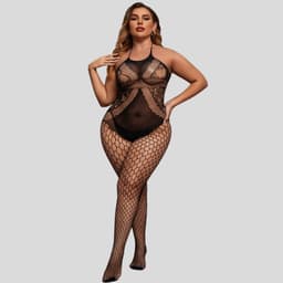 Elana Sarielle Bodystocking – Plussize L-3XL – Rekbaar Net – Sexy & Comfortabel - Erotische Lingerie - Catsuit - Zwart — thumbnail 4