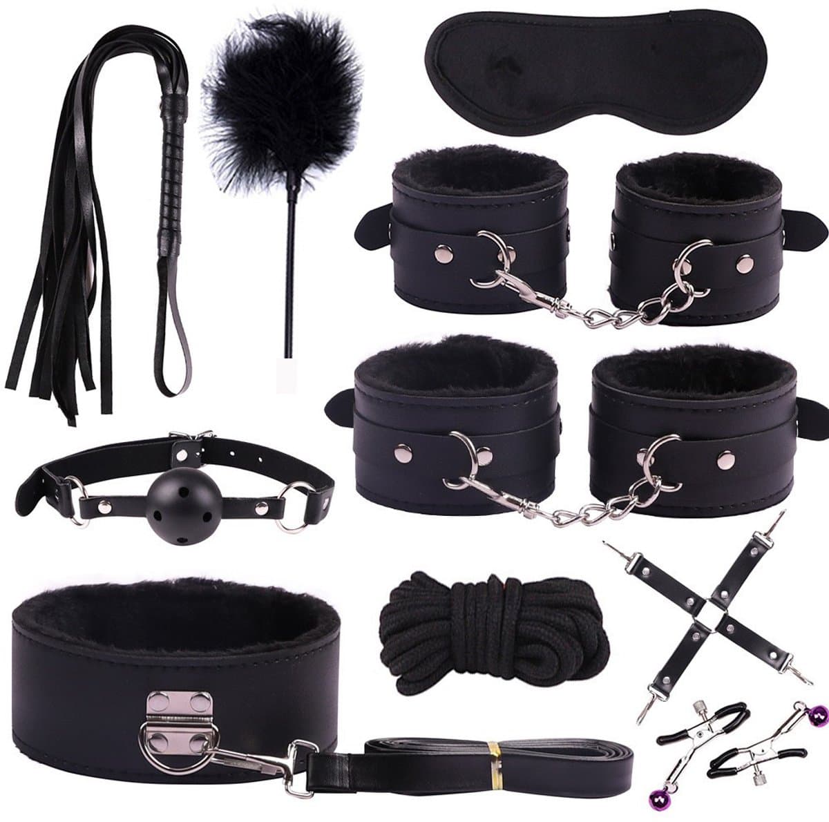 10-delige speelset voor koppels met zweep, handboeien, masker en gag-accessoires - Verstelbare set met zachte veren voor volwassenen (zwart) — afbeelding 1