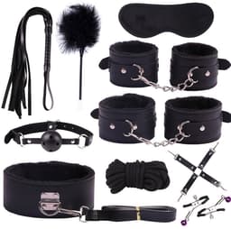 10-delige speelset voor koppels met zweep, handboeien, masker en gag-accessoires - Verstelbare set met zachte veren voor volwassenen (zwart) — thumbnail 1