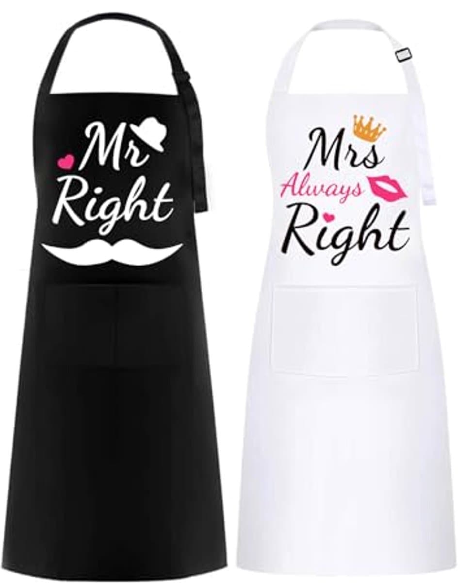 Gepersonaliseerd Mr & Mrs Schort - 2 Stuks Keukenschort voor Valentijnsdag, Bruiloft, Verloving en Verjaardag — afbeelding 1