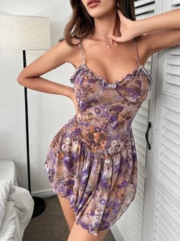 Nachtjapon bloemenprint - Diepe decolleté - Sexy - Nachtjurk - Inclusief slip — thumbnail 2