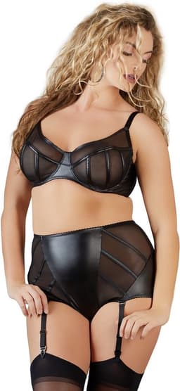 Cottelli Plus Size –  Sexy Beha met Transparante Inzetstukken en Wetlook Jarretel Afwerking – Maat 90F – Zwart — thumbnail 2