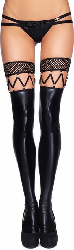 Sexy Wetlook netkousen en kousen met bandjes – Zwart — thumbnail 1