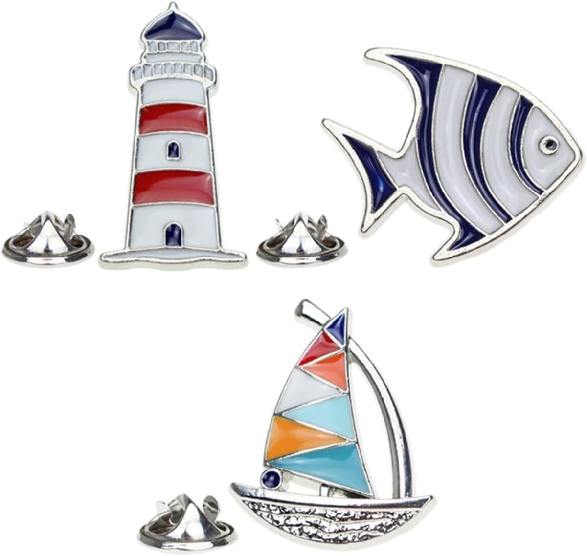 3 stuks nautische emaille reversspeldjes vis zeilboot vuurtoren broche pennen kust nautisch strandfeest gunstig — afbeelding 1