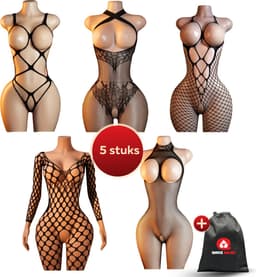 Quick Relief Catsuit Set van 5 – Sexy Bodysuits – Open Kruis – Zwart – Plussize - One size fits all — thumbnail 1