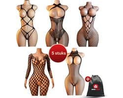Quick Relief Catsuit Set van 5 – Sexy Bodysuits – Open Kruis – Zwart – Plussize - One size fits all