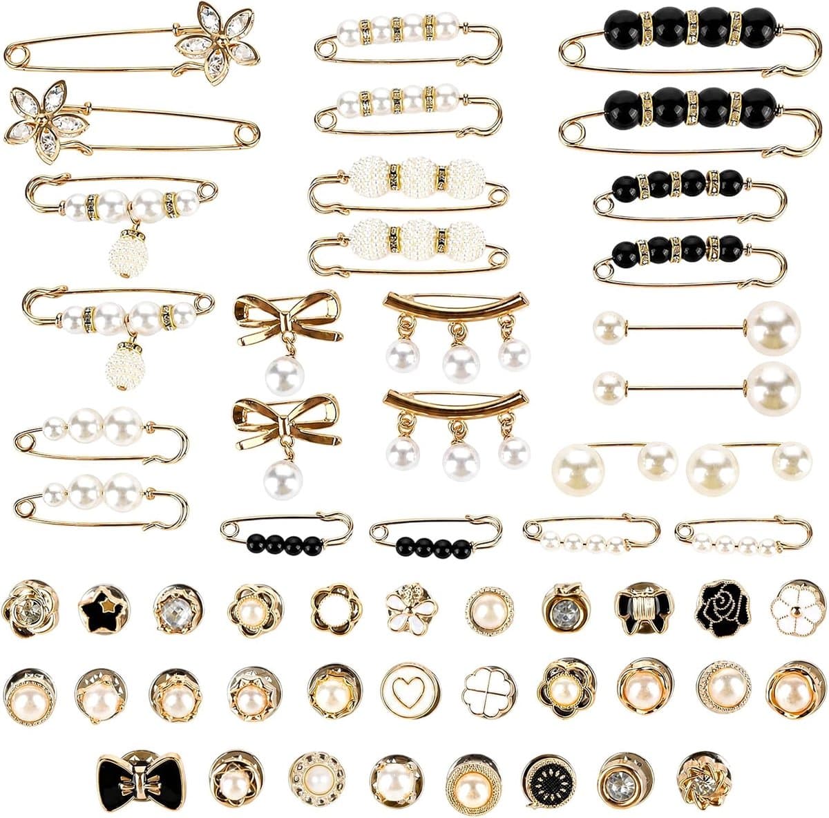 Broches voor kleding, parels strass broche dames met knopen, multi-size halslijn verkleineren clip zonder naaien, veiligheidsspelden voor truien, sjaals, broeken, jurken, hoeden, doe-het-zelf — afbeelding 1