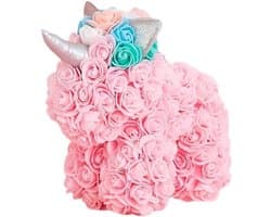 Roze Teddybeer - Bloemenpop - Cadeau geven - Handgemaakt - 25x24x15 cm - Roze