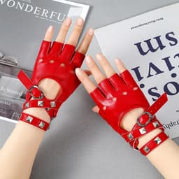 Handschoenen met klinknagels, halve vingers, vingerloos, rock, leren handschoenen voor dames en meisjes, voor dans, hiphop, optredens, paaldansen, cosplay en feesten, rood — thumbnail 4