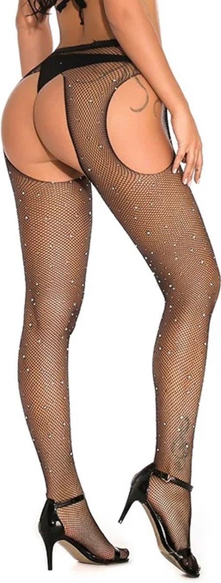 Erotische Erotische Panty Met Glitters I Lingerie I Fishnet I Sexy Erotisch Ondergoed I Open kruis I One Size I Zwart — afbeelding 1