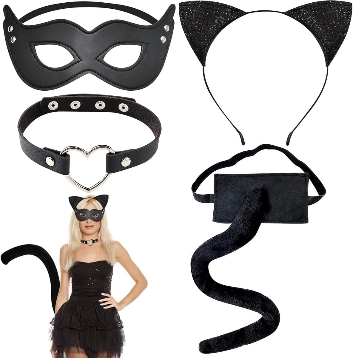 Dames Kattenkostuum Set 4 Delig - Oortjes, Staart, Halsband & Masker voor Feest en Carnaval — afbeelding 1