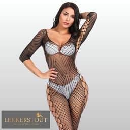 LekkerStout Visnet Catsuit met Open Zijkanten - Zwart - Driekwart Mouwen - One Size S-L | LS389 — thumbnail 4