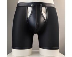 Heren Boxer met Lange Pijpen en Open Kruis - Mesh / PU Leder - Zwart - Maat XL | LS067