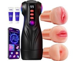 Pocketpussy- Mannen Masturbator Set met 3 Verwisselbare Liners – 9 Vibratiemodi & 9 Zuigstanden – App-Bediening, LED-effect & LCD-display – Discreet Seksspeeltje voor Solo en Koppels