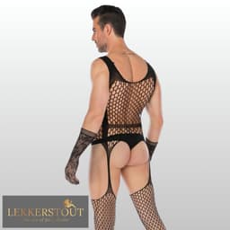 Heren Bodystocking Jarretel Design - Zwart - Visnet - Sexy Herenondergoed - One Size S-XL (46-52) | LS159 — thumbnail 6