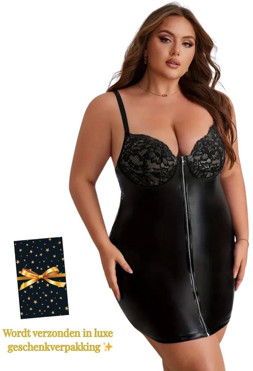 Leatherlook & Kant Sexy Jurkje – Plus Size – Lingerie Erotisch – Lingerie Sexy Setje – Luxe Sensuele Lingerieset – Leren PU Lingerie Jurkje – Wetlook/Latex – Verleidelijk & Mysterieus – Inclusief string – Kinky – BDSM – Maat S, M, L, XL, XXL — afbeelding 1