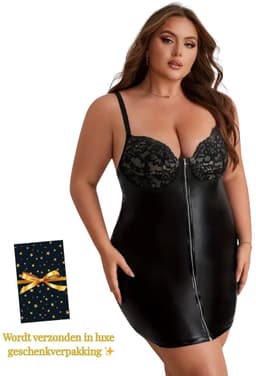 Leatherlook & Kant Sexy Jurkje – Plus Size – Lingerie Erotisch – Lingerie Sexy Setje – Luxe Sensuele Lingerieset – Leren PU Lingerie Jurkje – Wetlook/Latex – Verleidelijk & Mysterieus – Inclusief string – Kinky – BDSM – Maat S, M, L, XL, XXL — thumbnail 1