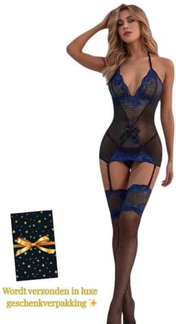 Sexy Lingerieset Dames – Erotische Lingerie – Jarretel Jurkje met Kousen – Zwart & Blauw Kant – Catsuit Erotisch – Lingerie Setje met Jarretels – Verleidelijke Lingerie – Sexy Boudoir Look – Kinky en Luxe – Dare to Undress – One Size — thumbnail 1