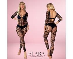 Elara - Olivienne - Bodystocking Erotische Lingerie met Open Kruis - Catsuit - S t/m XL - Sexy Dames Lingerie - Zwart