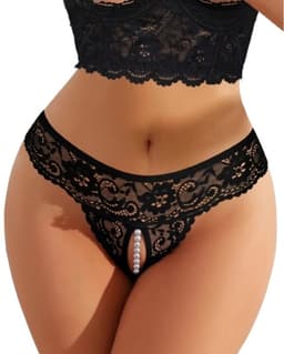 Sexy Kanten String met Parels & Open Kruis - Maat XL - Zwarte Crotchless Erotische Lingerie met Stimulerende Parelketting — thumbnail 3