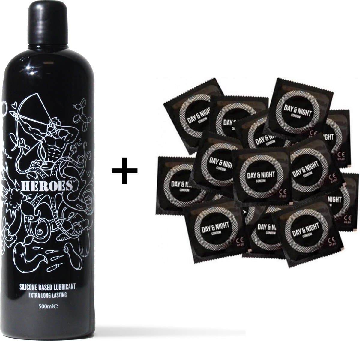 HEROES glijmiddel 500ML + 30 Day & Night condooms combipack — afbeelding 1