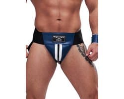 Mister B leren circuit jockstrap blauw met witte bies - xs