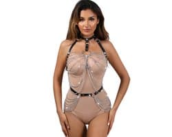 Oneay Sexy leren bondage bodysuit met kettingdetails, verstelbare hals en taille, SM-kostuum, exotische lingerie met metalen kettingdetails, geschikt voor rollenspellen, carnaval en Valentijnsdag.