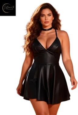 Latex Wetlook Sexy Jurkje – Lingerie Erotisch – Zwart – Lingerie Setje – Luxe Lingerieset – Leren PU Lingerie Jurkje – Leatherlook – Verleidelijk & Mysterieus – Inclusief Chocker – Kinky – BDSM – Festival Outfit – Clubwear – Wasteland – S, M, L, XL — thumbnail 1