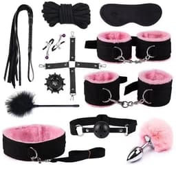 Luxe 12-Delige BDSM Bondage Set - Rood - Inclusief Handboeien, Zweep & Tepelklemmen - Zachte Pluche Voering -pakket voor koppels - Soft Bondage Starterkit — thumbnail 2
