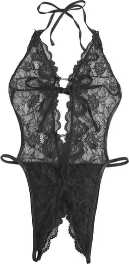 Sexy Lingerie - Erotische Zwarte Glamour Body Kant met Decolleté - Stras steentjes - Open Kruis - Sexy Teddy - Erotiek - Valentijnsdag - Kleur Zwart - Maat L — thumbnail 5