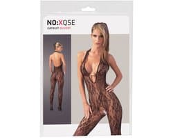 Mandy Mystery Lingerie –  Catsuit Open Kruis met Kanten Motief en Lage Decolleté voor Spanning – Maat S/M – Zwart