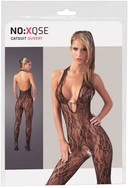 Mandy Mystery Lingerie –  Catsuit Open Kruis met Kanten Motief en Lage Decolleté voor Spanning – Maat S/M – Zwart — thumbnail 1