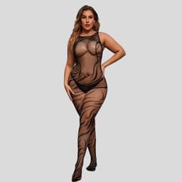 Elana Noctara Plus Size Bodystocking – Zwart Visnet met Sierlijk Patroon – Hoge Rekbaarheid – Sensuele Full Body Lingerie — thumbnail 8