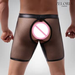 Zeloria Heren Boxer Open Design – Netstof & Wetlook – Verleidelijke Heren Lingerie – Zwart – L — thumbnail 5