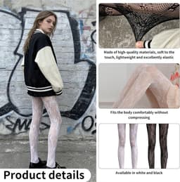 Panty met kant en bloemenmotief in wit en zwart - Uitgeholde panty met netstructuur - Lolita panty voor ballet, cosplay, feest - Elastisch en comfortabel — thumbnail 6