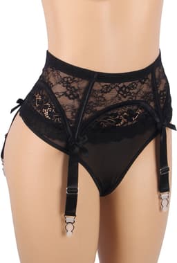 Zeloria Erotische Lingerie Jarretelgordel met Slip P5265 – Luxe Kant met Strikjes & Clips – Zwart – XS/S — thumbnail 13