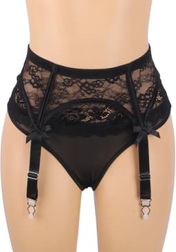 Zeloria Erotische Lingerie Jarretelgordel met Slip P5265 – Luxe Kant met Strikjes & Clips – Zwart – XS/S — thumbnail 12