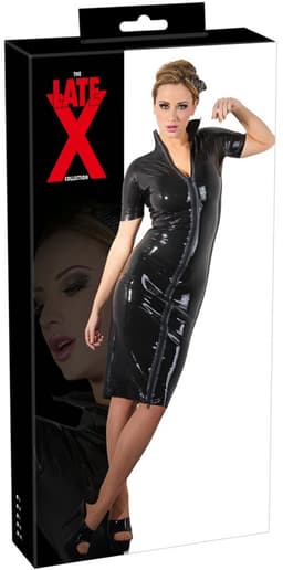 LateX – Latex Jurk Strak Ontwerp met Openstaande Kraag voor Gedisciplineerd Uiterlijk Maat XL – Zwart — thumbnail 1