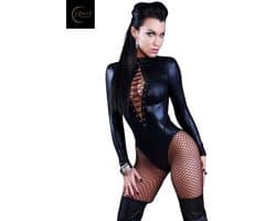 Sexy Body Lingerie Dames – Sexy PU Wetlook Lingerie – Vetersluiting Deep V-Neck – Lange Mouw – Zwart – Sexy Lingerie – Kinky Lingerieset Dames – Festivallook – Erotische Body – Shapewear Corset Look – Dare to Undress – Maat XS/S, M, L, XL & XXL