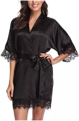 Sexy dames kimono - Maat XXL - Zwart - Kant - Avondjas - Satijnen badjas - Zwart - LOUZIR — thumbnail 3