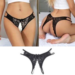 Zwarte Kanten String met Open Kruis – Black Lace Thong with Open Crotch - Sexy Erotische Dames Lingerie – Maat XL — thumbnail 4