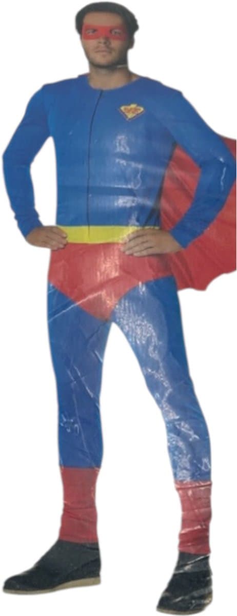 Kinky Superhero Kostuum – Strak Blauw Pak met Rode Cape & Masker – L — afbeelding 1