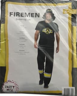 Brandweerman Verkleedkostuum – Zwart met Gele Strepen – Inclusief Grote Brandweer Pet – Maat L — thumbnail 2