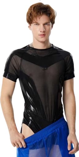 Heren Bodysuit - Zwart Transparant - Leather Look - Mannenlingerie - Erotische herenkleding - Lingerie voor Mannen — thumbnail 2