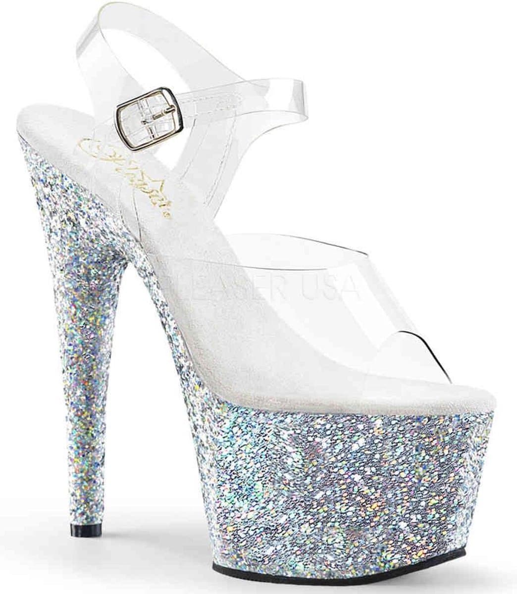 Pleaser - ADORE-708LG Sandaal met enkelband, Paaldans schoenen - Paaldans schoenen - 42 Shoes - Zilverkleurig/Transparant — afbeelding 1